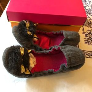 Kate Spade Cat Grey Flannel Faux Fur Pom Slipper